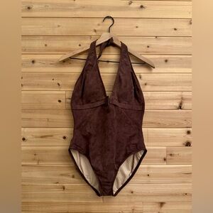 MagicSuit Medium Chocolate Brown One Piece Swimsuit Embellishment Plunge Halter